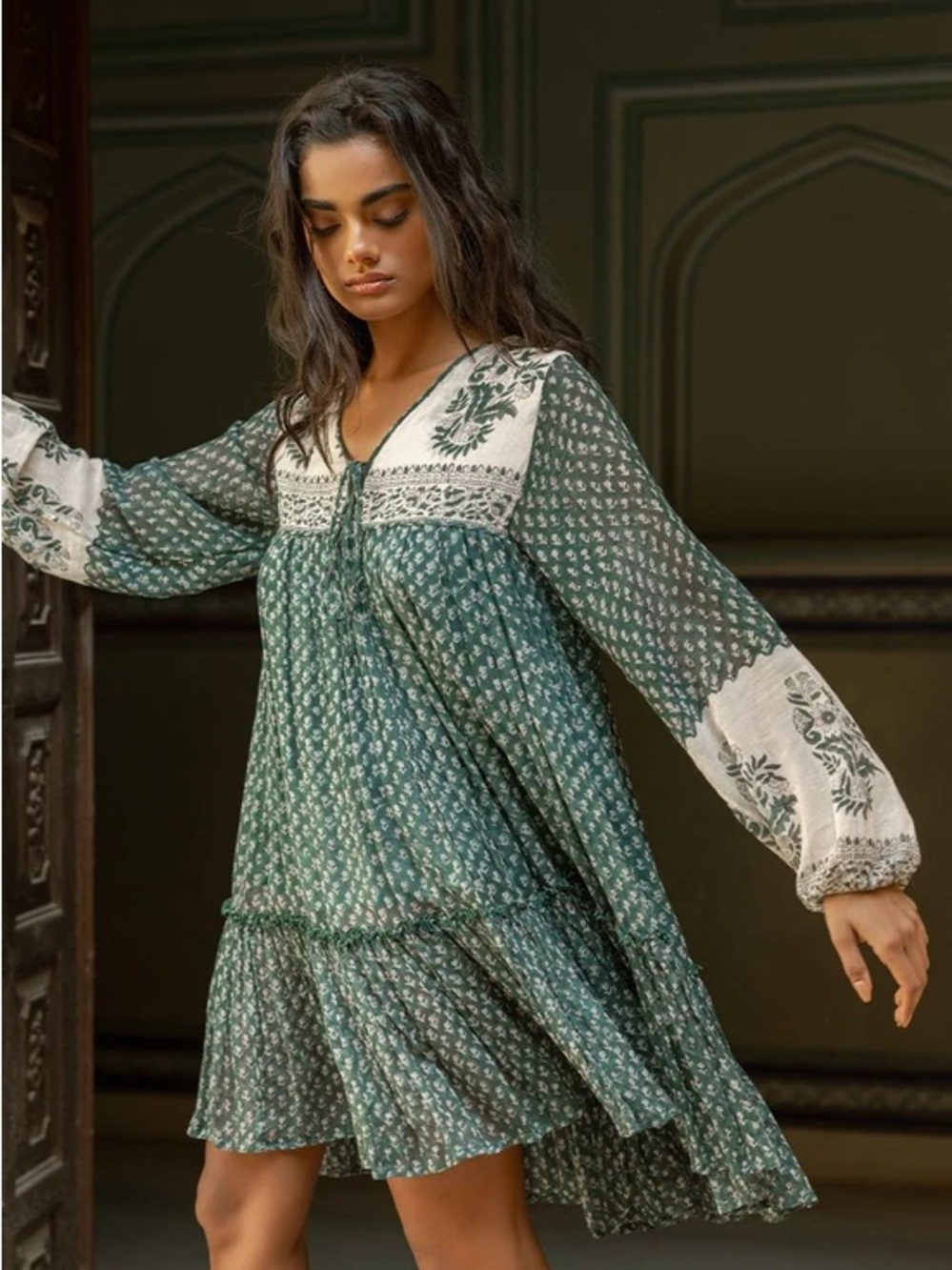 Daughters Of India Rooh Block Print Long Sleeve Cotton Mini Dress Pine Medium